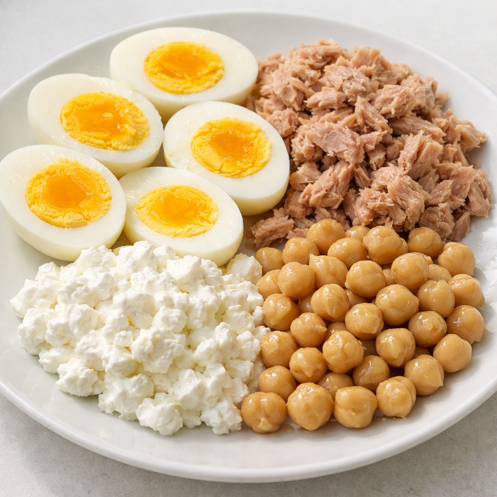 Nahaufnahme von gekochten Eiern, Thunfisch und Quark als Eiweißquellen