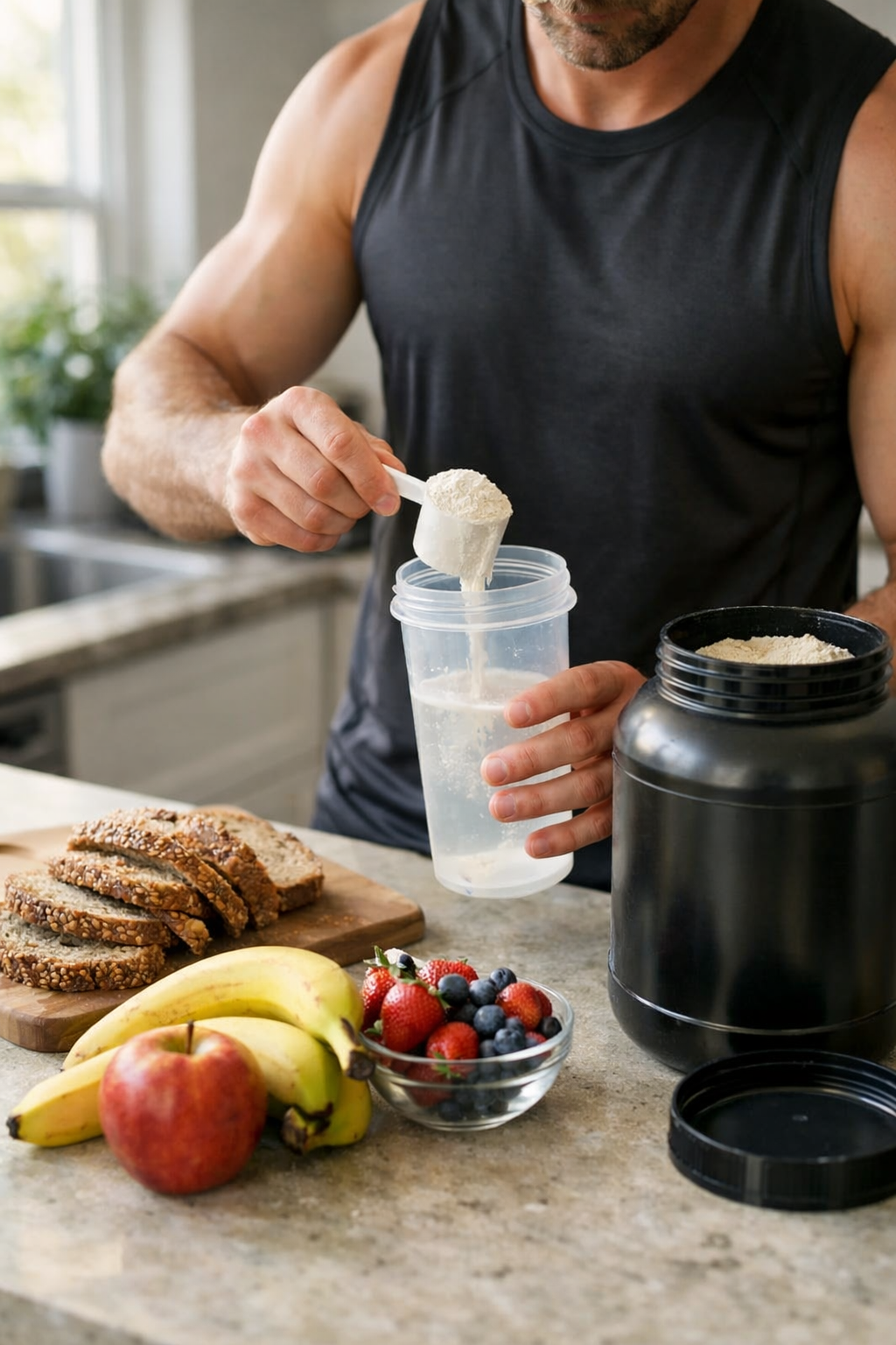 Sportler bereitet einen Protein-Shake und Vollkornbrot als Pre-Workout-Snack vor