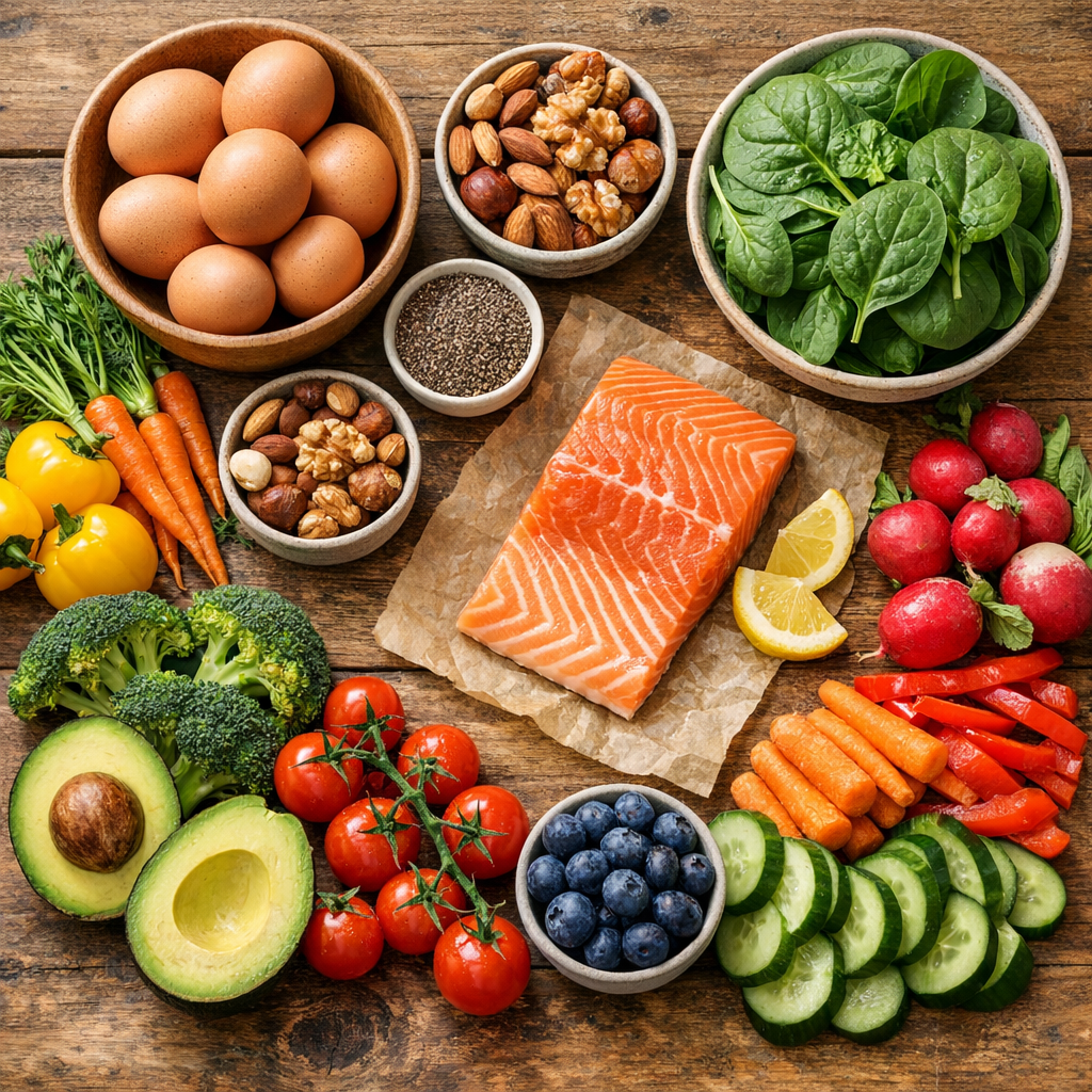 Verschiedene vitaminreiche Lebensmittel wie Nüsse, Eier und grünes Gemüse auf einem Holztisch