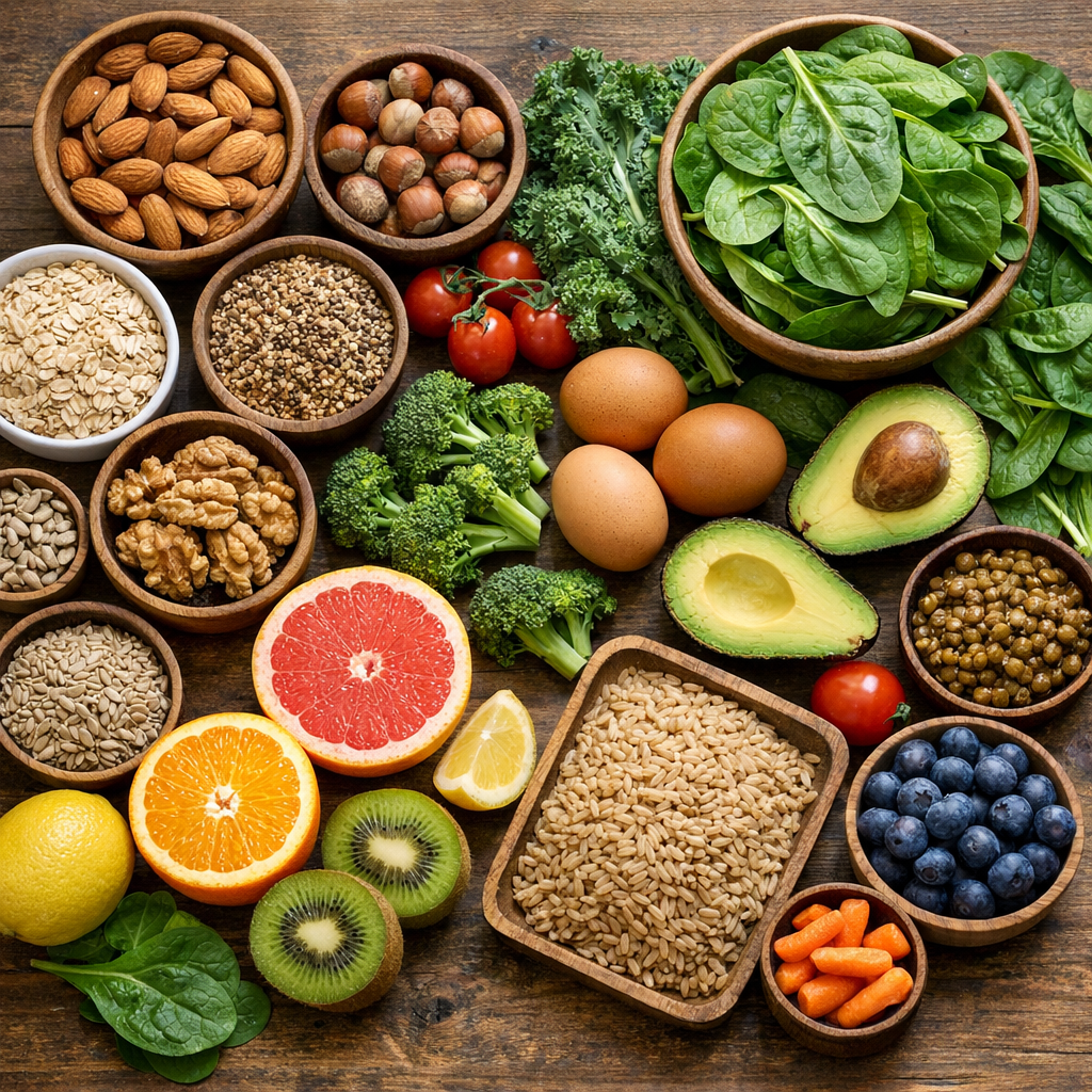 Verschiedene vitaminreiche Lebensmittel wie Nüsse, Eier und grünes Gemüse auf einem Tisch