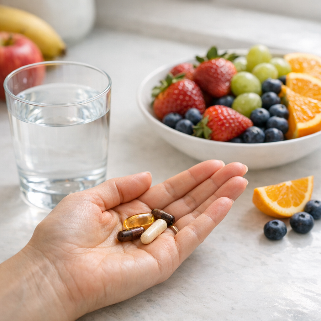 Frau hält Vitaminkapseln in der Hand neben einem Glas Wasser und frischen Früchten