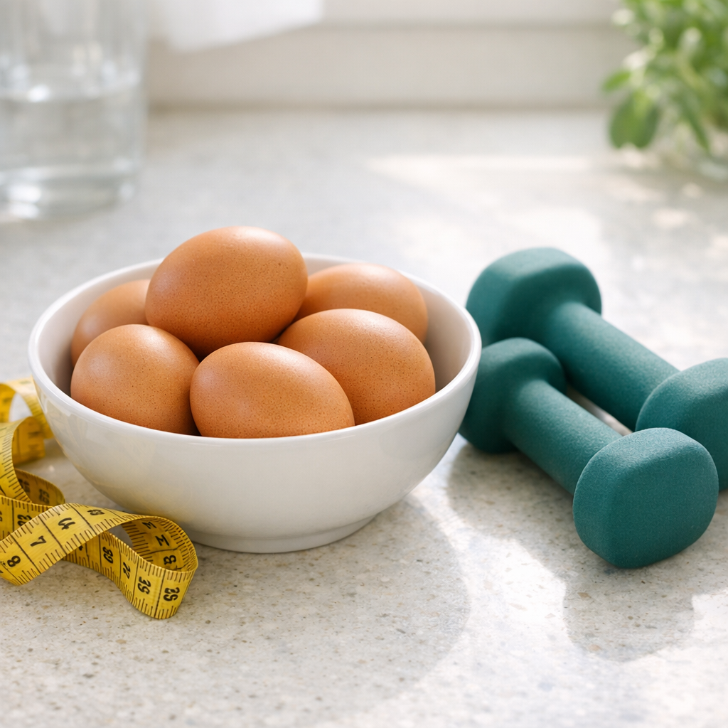 Verschiedene Eier in einer Schüssel neben Fitnessutensilien und Maßband