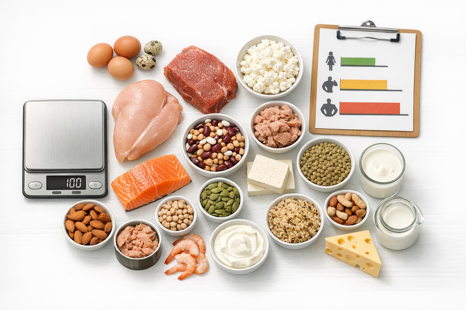 Infografik zeigt täglichen Proteinbedarf für verschiedene Ziele wie Muskelaufbau und Abnehmen