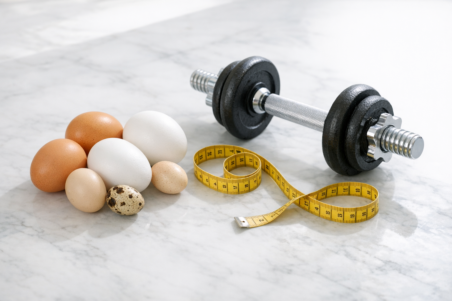 Verschiedene Eier neben Fitnesshantel und Maßband auf weißem Hintergrund